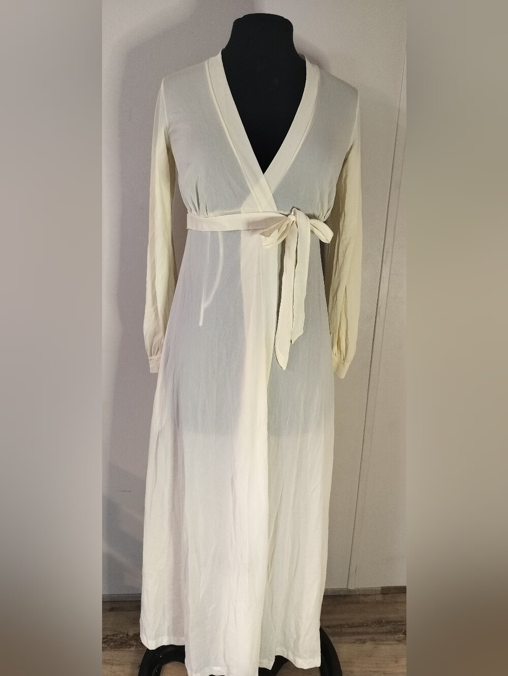 Miss Elaine Cream Long Wrap Robe with Tie Waist